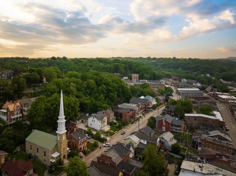 drone shot of downtown Galena, the best weekend getaway in the Midwest