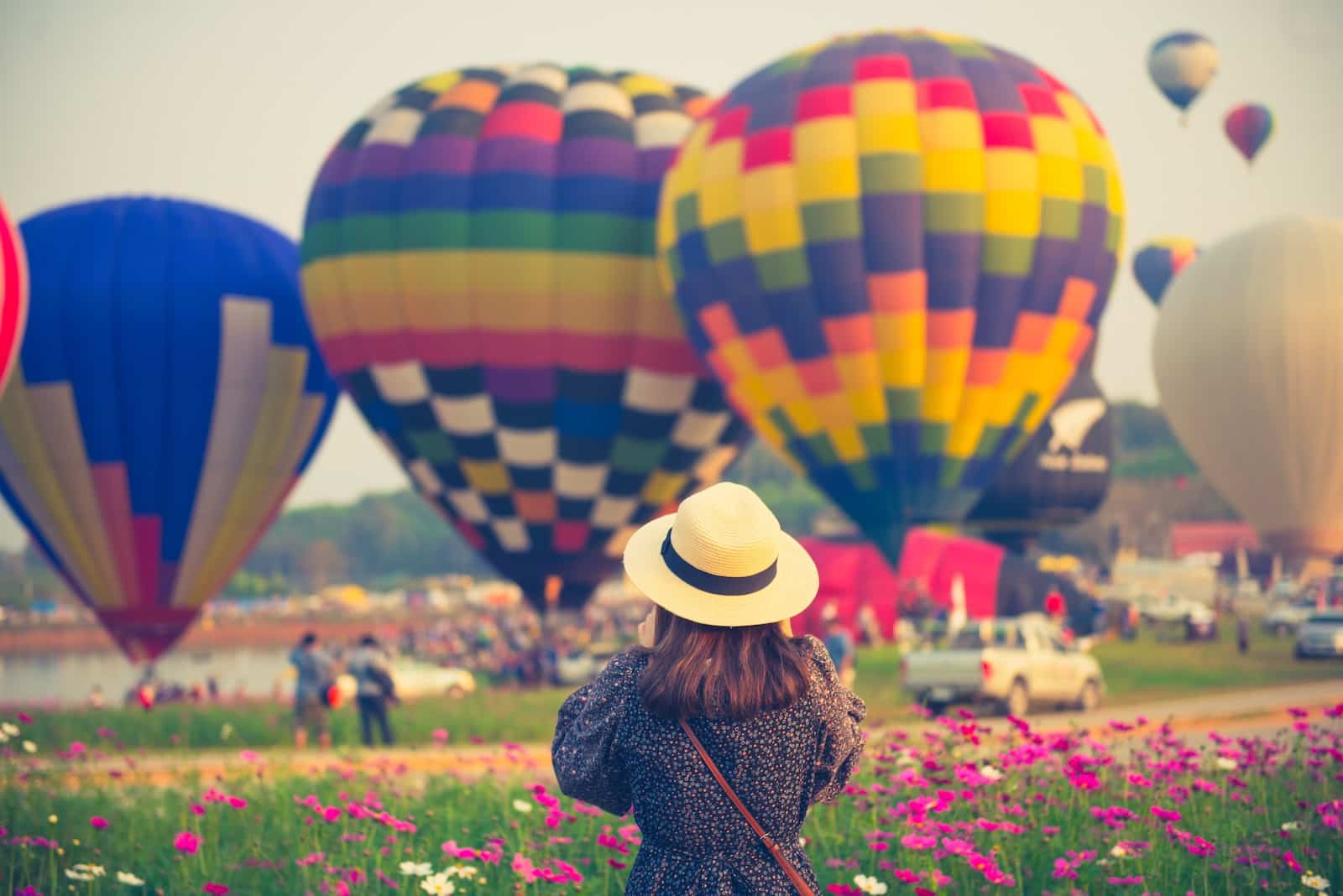 Woman enjoying the festivities at the Great Galena Balloon Race, a balloon festival near Chicago
