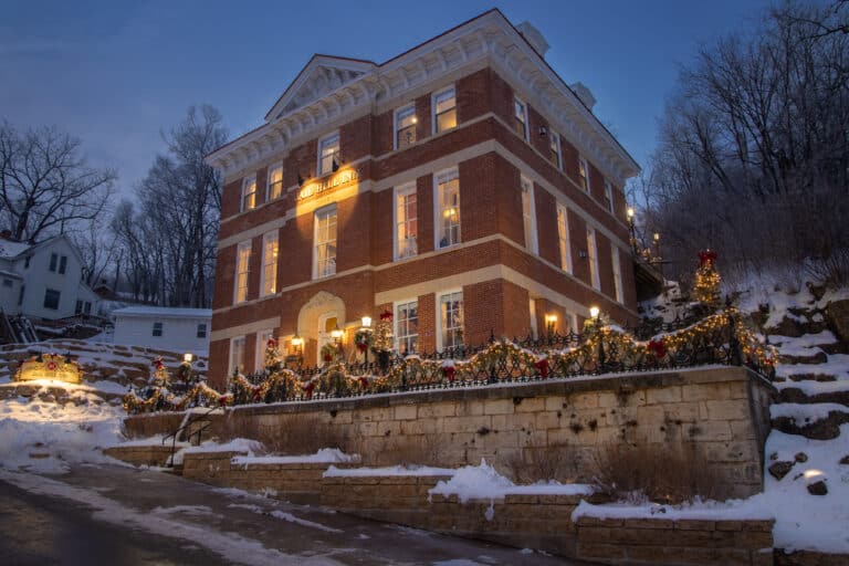 Exterior of our Bed and Breakfast in Galena, IL - dressed for the holidays - the perfect place for a romantic Galena IL Getaway this winter
