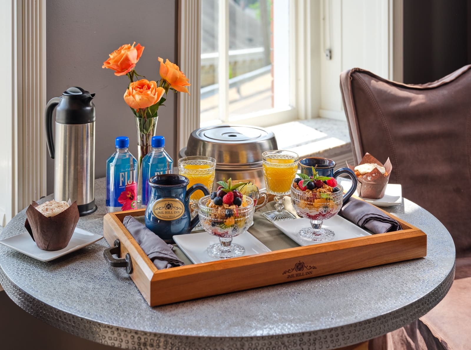 Your Guide to Outdoor Dining at Restaurants in Galena, IL 2 Breakfast complete with orange juice, coffee, and yogurt parfaits at the best bed and breakfast Galena.