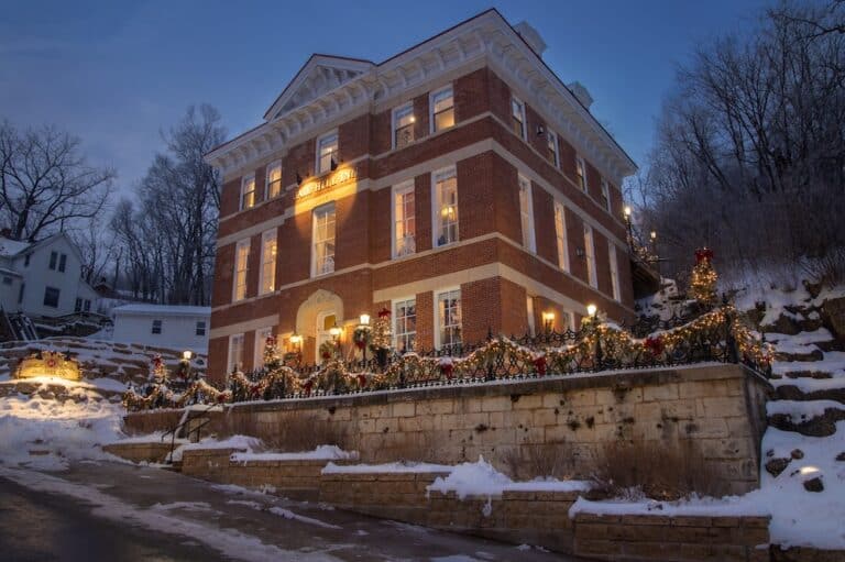 Exterior of Jail Hill Inn in winter, one of the best places to stay in Galena, IL