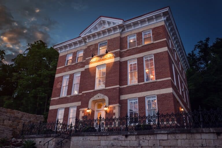 Exterior of Jail Hill Inn at night, the best place to stay in Galena, IL