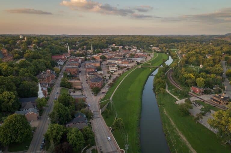 Drone view of downtown Galena, where you'll find plenty of year-round Galena events