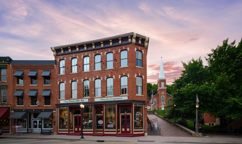 Exterior of downtown buildings, where you'll find some of the most romantic things to do in Galena, IL