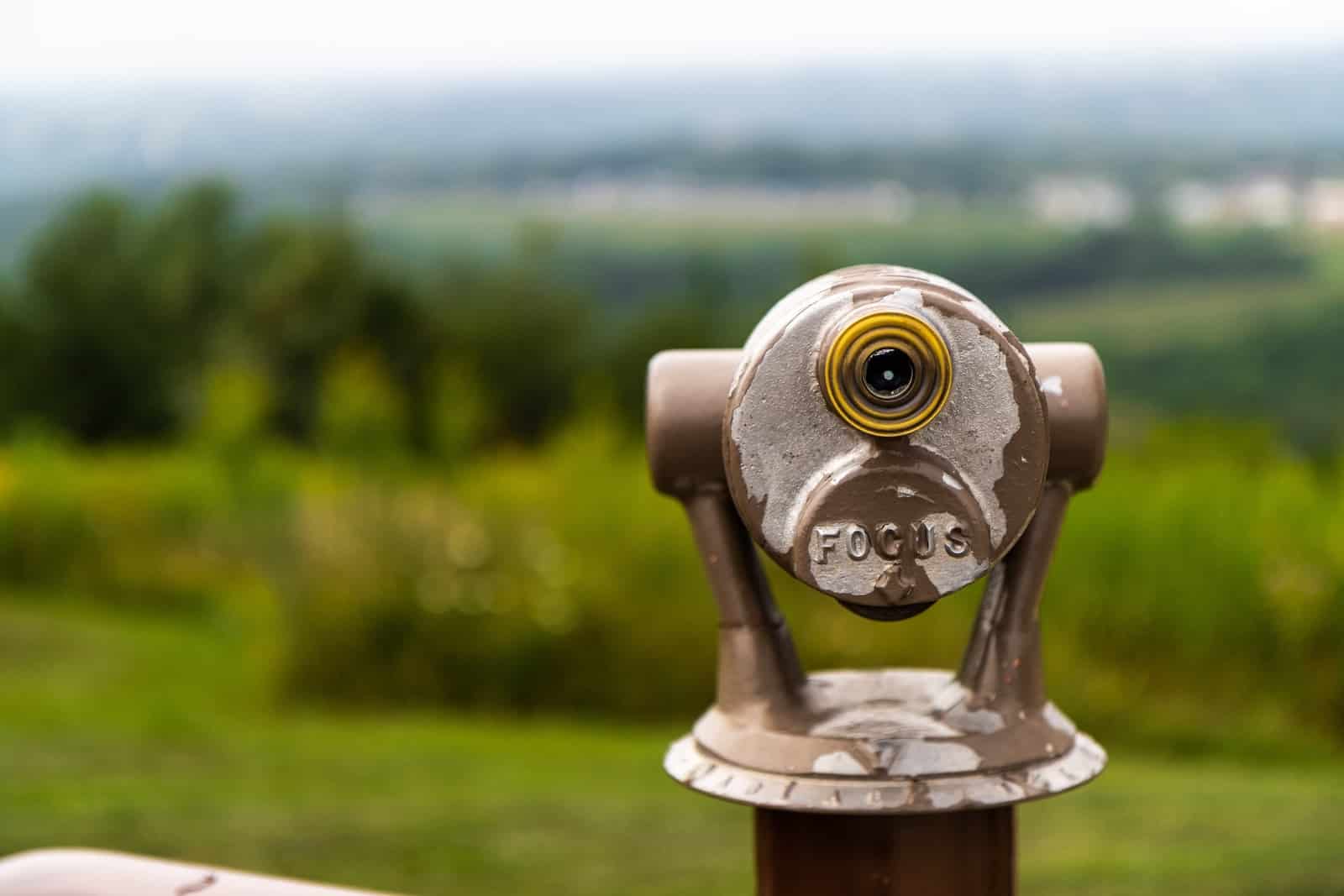 A close-up shot of an old viewing scope at Horseshoe Mound Preserve in Galena, Illinois, one of the best Mississippi River views in Galena, IL.