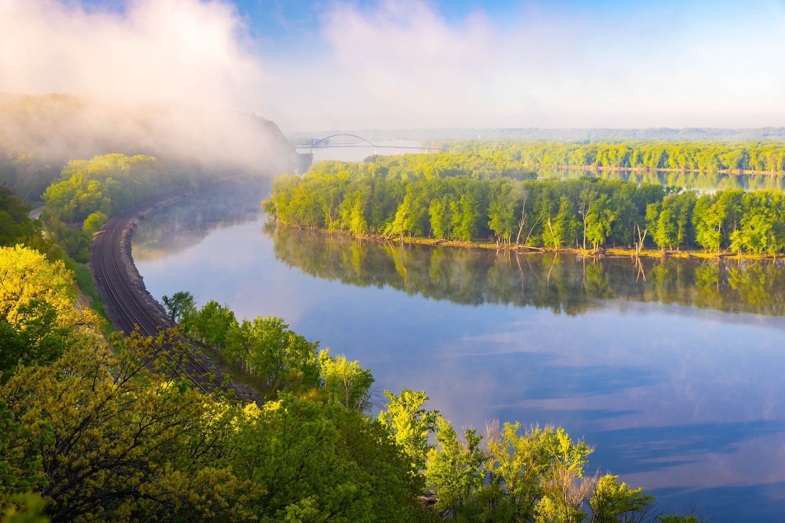 One of the Mississippi River Views in Galena, IL at sunrise from Eagles Point Scenic View in Mississippi Palisades State Park.