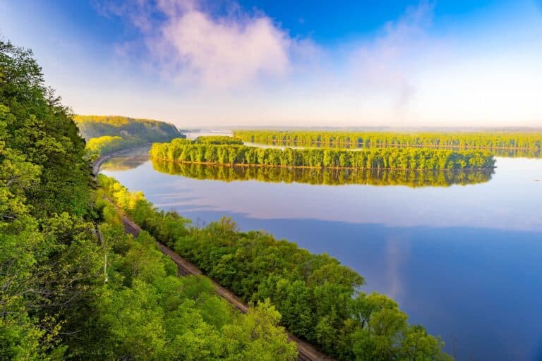One of the Mississippi River Views in Galena, IL at sunrise from Eagles Point Scenic View in Mississippi Palisades State Park.